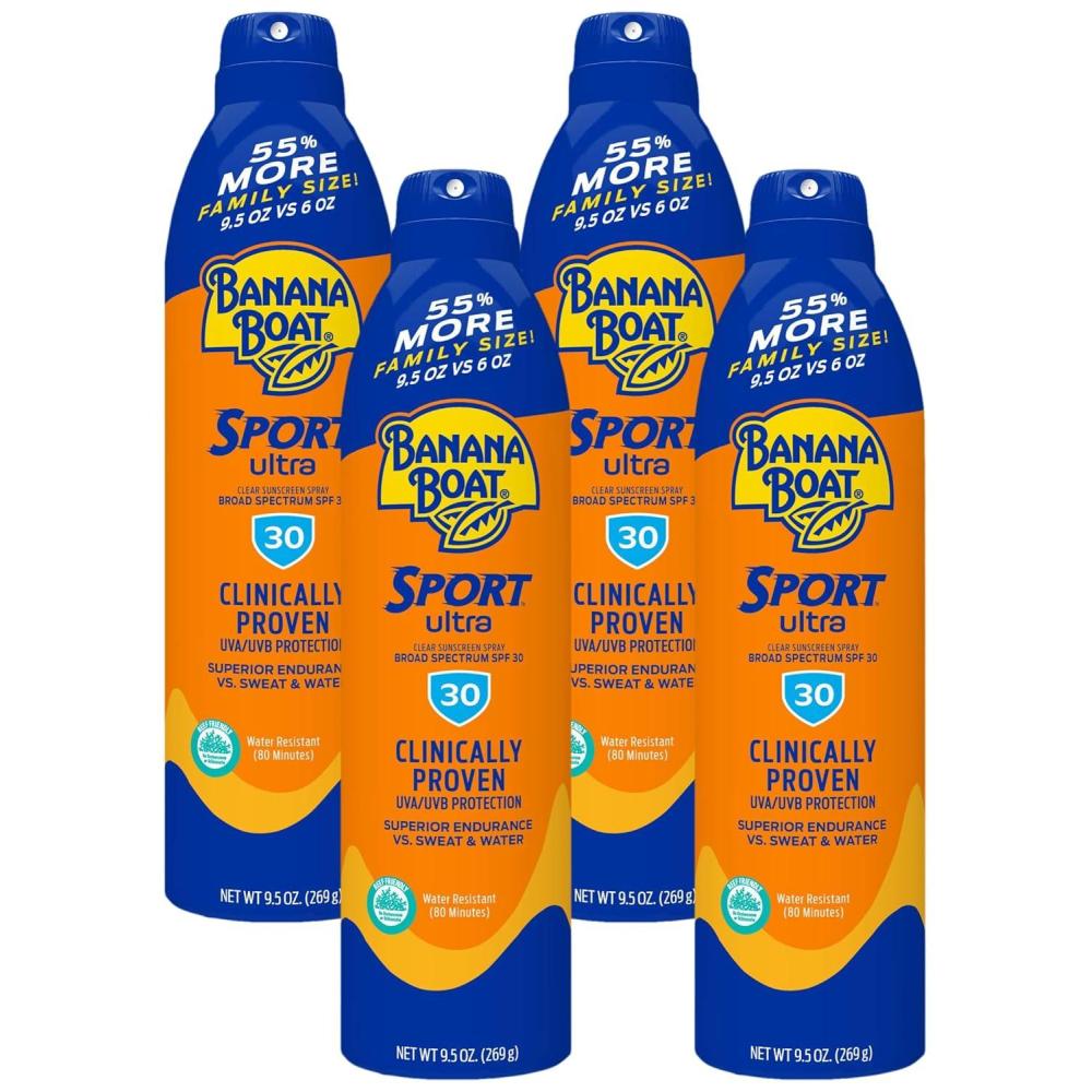 image:imageBanana Boat Sport Ultra SPF 30 Sunscreen Spray Banana Boat Sunscreen Spray SPF 30 Water Resistant Oxybenzone Free 6oz each Twin Pack95 Ounce Pack of 4