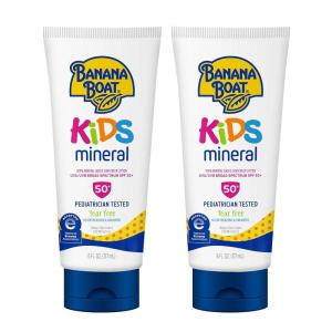 Banana Boat 100% Mineral Kids Sunscreen Lotion SPF 50, Twin Pack | Banana Boat Mineral Sunscreen for Kids, Childrens Sunblock SPF 50, Oxybenzone Free, 6Fl Oz each (Pack of 2)(Lotion Twin Pack)