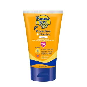 Banana Boat Protection + Vitamins Face Sunscreen Lotion SPF 50 | Travel Size Sunscreen for Face, Moisturizing with Vitamin C & Vitamin B3 Niacinamide, SPF 50 Sunblock Lotion, Fragrance Free, 2Fl Oz(2 Fl Oz (Pack of 1))