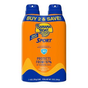 Banana Boat Sport Ultra SPF 30 Sunscreen Spray | Banana Boat Sunscreen Spray SPF 30, Water Resistant, Oxybenzone Free, 6oz each Twin Pack(6 Ounce (Pack of 2))